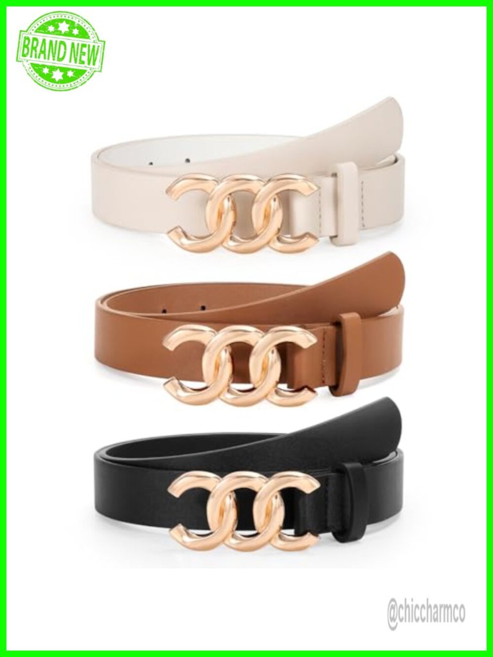 Faux Leather Women's Belts 3 Pack Gold Buckle Jean Pants Waist Belt